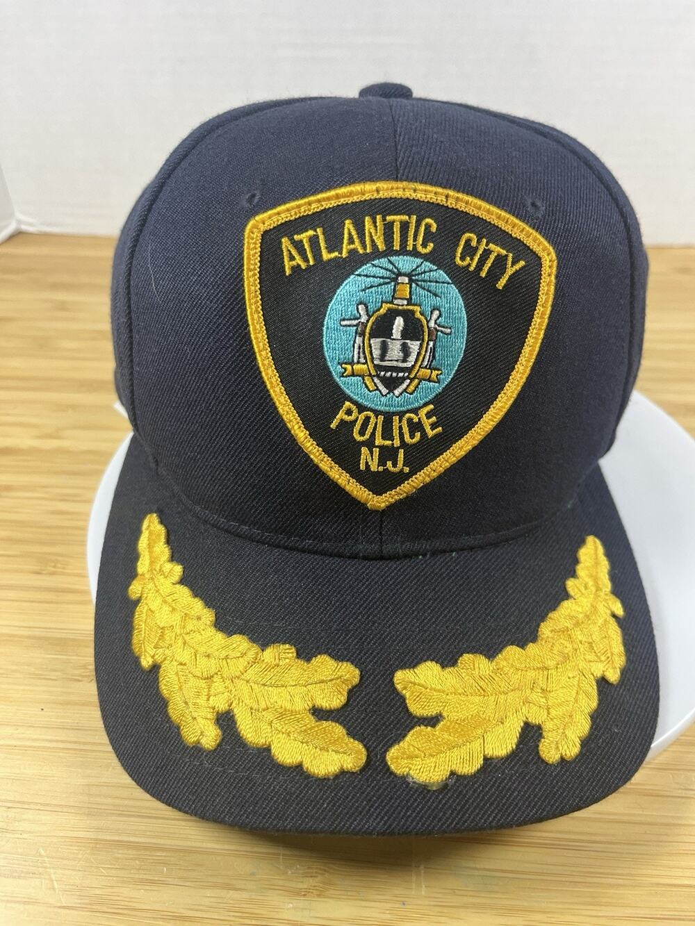 Vintage Atlantic City Police NJ Snapback Hat Navy Blue Scrambled Eggs Yupoong
